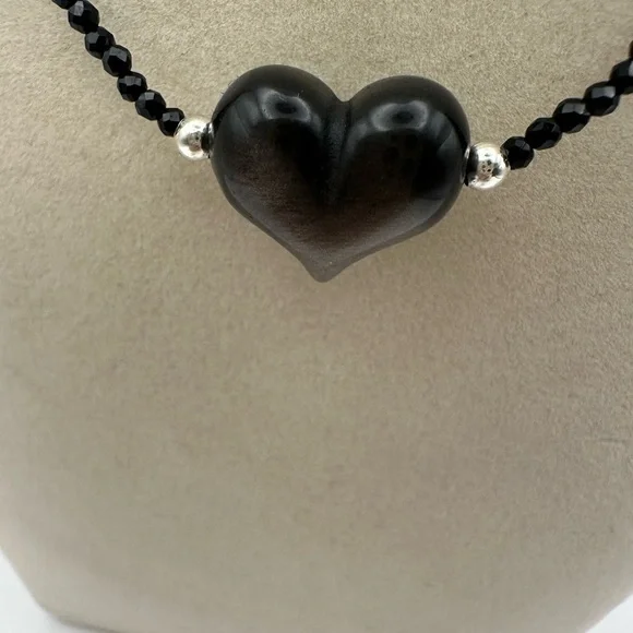Silver Sheen Obsidian Heart Pendant Beaded Necklace - Picture 6 of 8